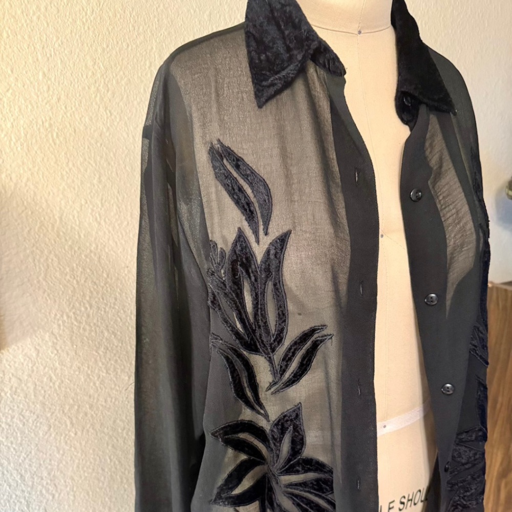 Phenomenon Vintage Black Velvet Appliquéd Sheer Blouse Size Medium